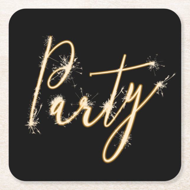 Party Sparkler Text on Black Square Paper Coaster (Front)