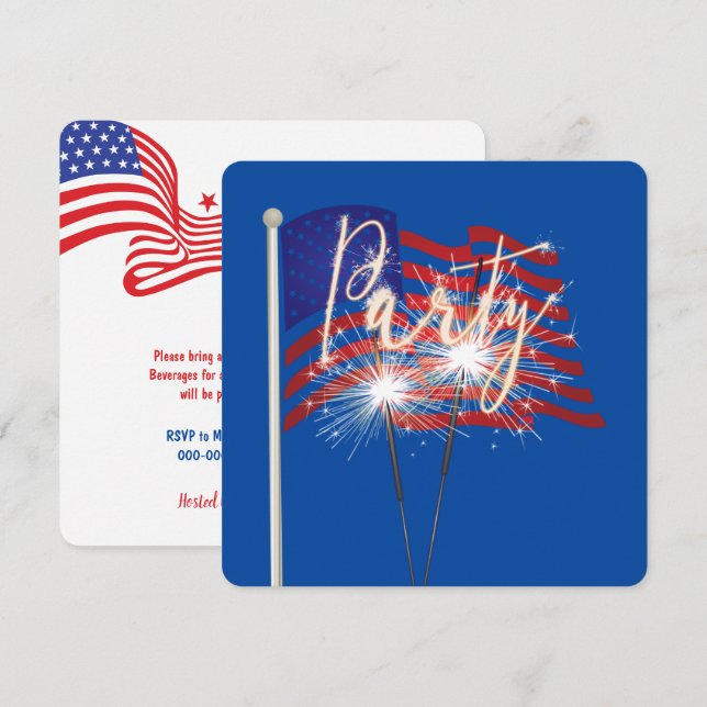 Party Sparklers on American Flag Invitation (Front/Back)