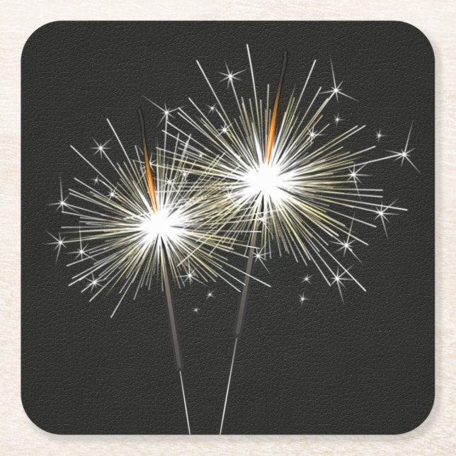 Party Sparklers on Black Leather Square Paper Coaster (Front)