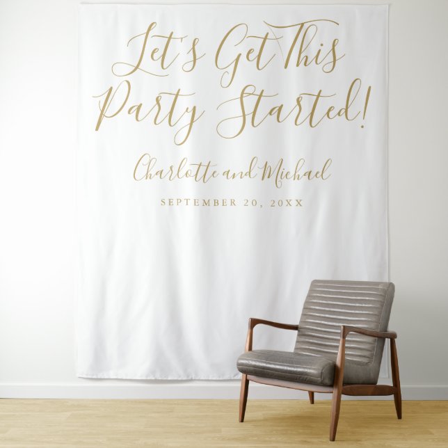 Party Started Gold Script Photo Booth Backdrop Tapestry (In Situ)