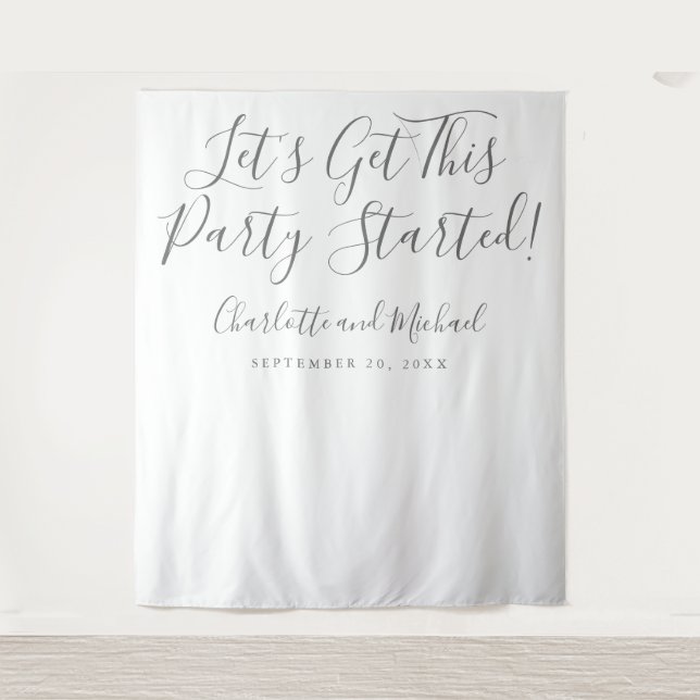 Party Started Grey Script Photo Backdrop Tapestry (Front)