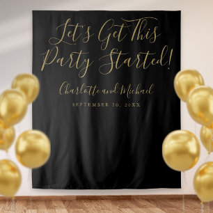 Party Started Script Black Gold Photo Backdrop Tapestry