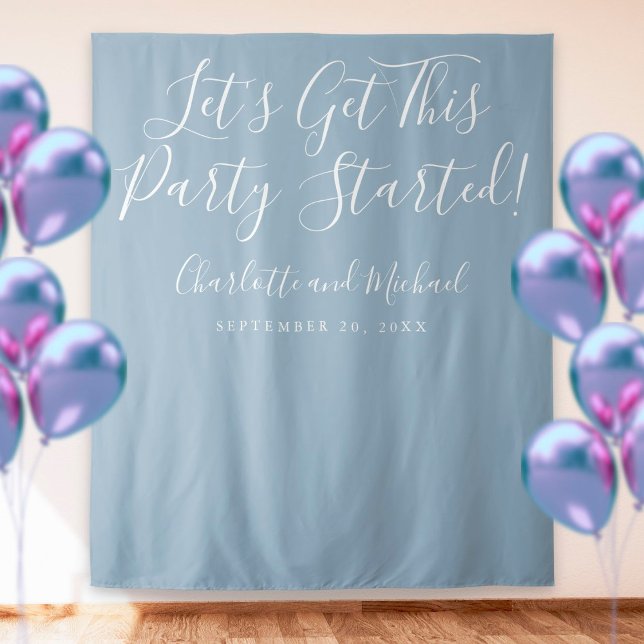 Party Started Script Dusty Blue Photo Backdrop Tapestry (Creator Uploaded)