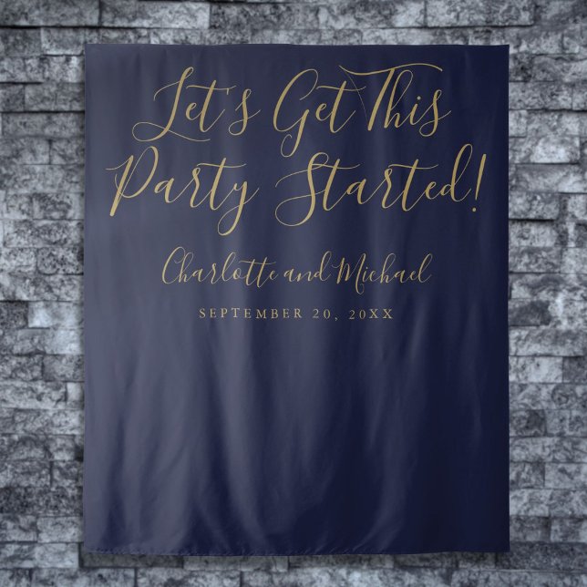 Party Started Script Navy Blue Gold Photo Backdrop Tapestry (Party Started Script Navy Blue Gold Photo Backdrop)