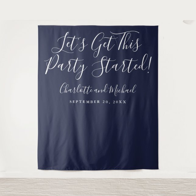 Party Started Script Navy Blue Photo Backdrop Tapestry (Front)