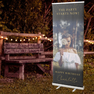 Party Starts Now Happy Birthday Photo Black Gold  Retractable Banner