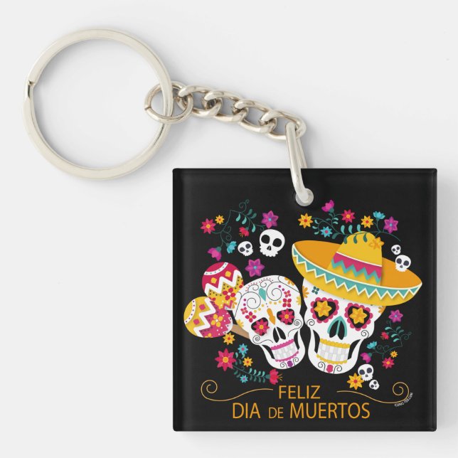 Party Sugar Skulls and Flowers Key Ring (Front)