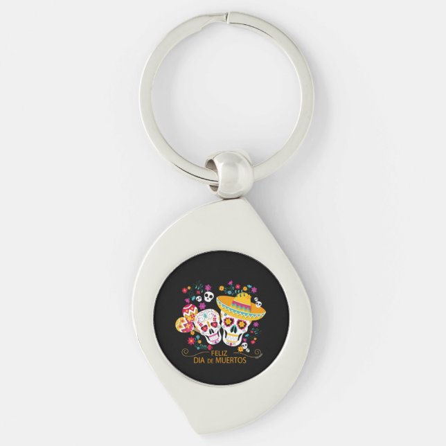 Party Sugar Skulls and Flowers Key Ring (Front)