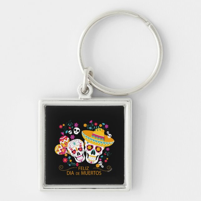 Party Sugar Skulls and Flowers Key Ring (Front)