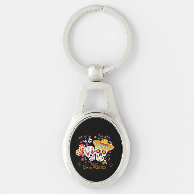 Party Sugar Skulls and Flowers Key Ring (Front)