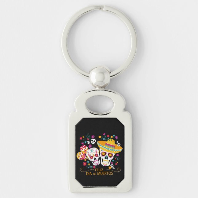 Party Sugar Skulls and Flowers Key Ring (Front)