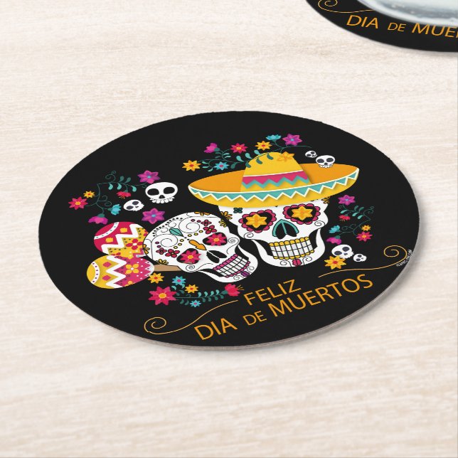 Party Sugar Skulls and Flowers Round Paper Coaster (Angled)