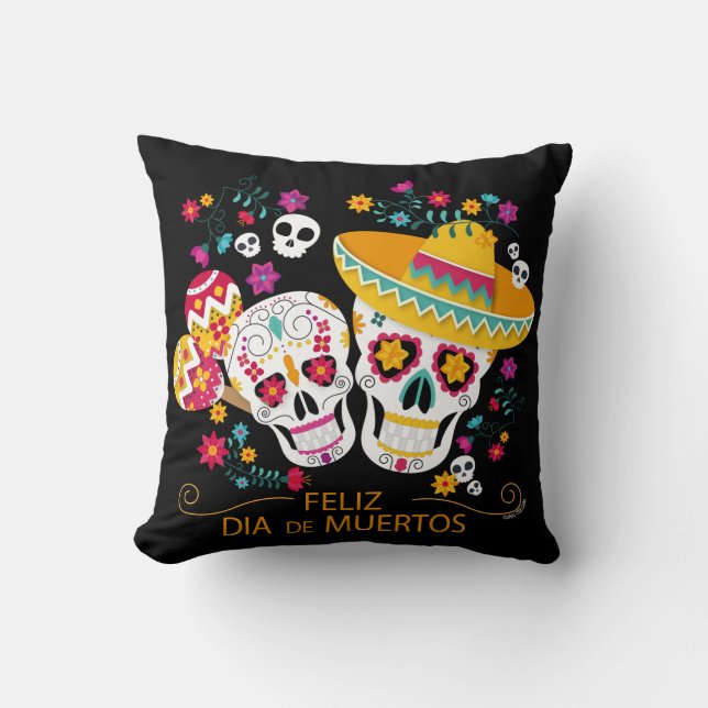 Party Sugar Skulls Happy Day of the Dead Cushion (Front)