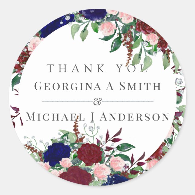 Party Supplies - Marsala Navy Blue Pink Flowers Classic Round Sticker (Front)