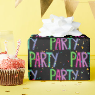 Party Text And Confetti on Black Wrapping Paper