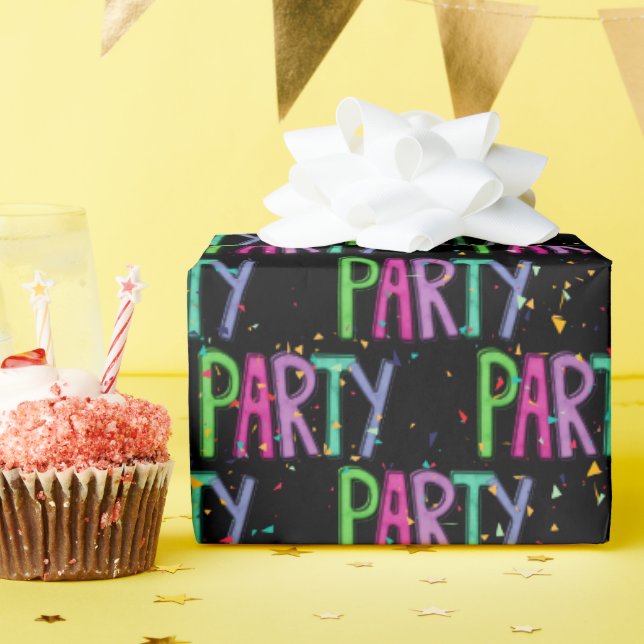 Party Text And Confetti on Black Wrapping Paper (Birthday Party)