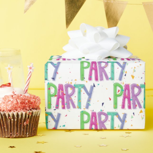 Party Text And Confetti on White Wrapping Paper (Birthday Party)