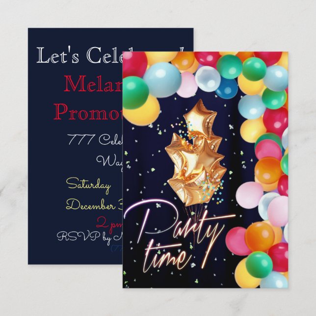 Party time balloon wall blue sparkle curtain invitation (Front/Back)