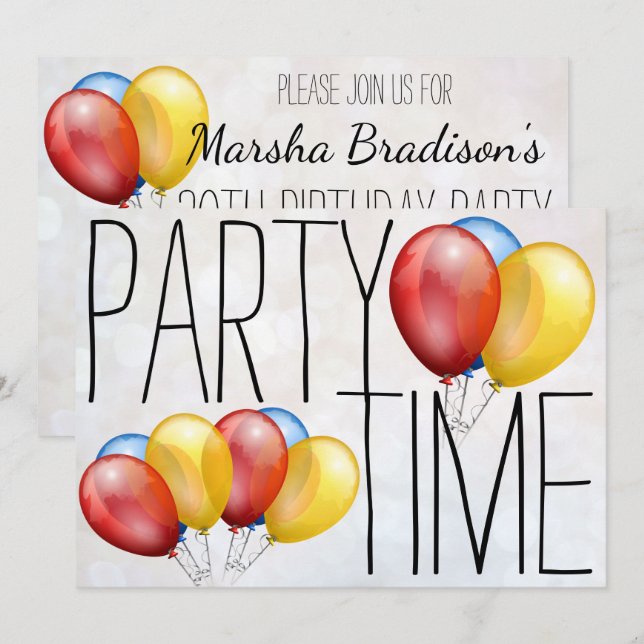 Party Time Balloons Birthday Party Invitation (Front/Back)