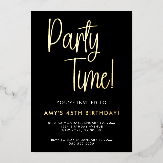 Party Time Birthday Gold Foil Invitation (Front)