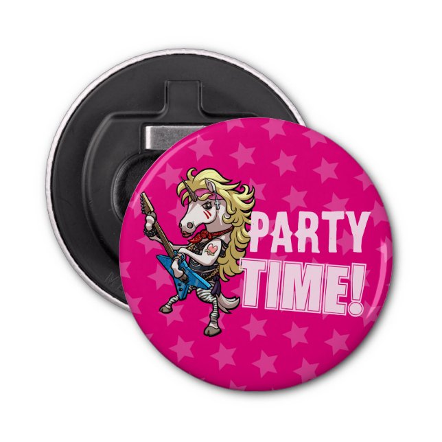 Party Time! Hair Metal Glam Rock Unicorn Cartoon Bottle Opener (Front)