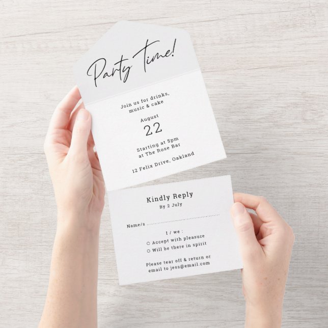 Party Time | Modern Minimalist Simple Clean White All In One Invitation (Tearaway)