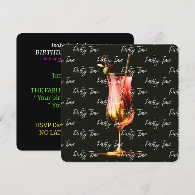 Party Time Neon Modern Personalised Invitation (Front/Back)