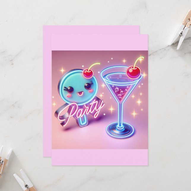 Party Time Neon Pink Invitation (Front/Back In Situ)