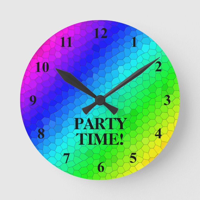 Party Time neon rainbow colour acrylic wall clock (Front)