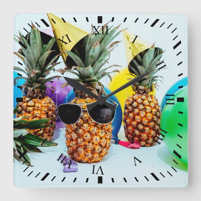 Party Time Pineapples with Party Favours, ZSSG Square Wall Clock (Front)
