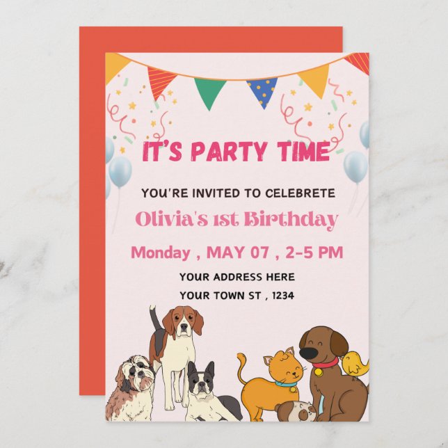Party Time Puppy Dog Birthday Party  Invitation (Front/Back)