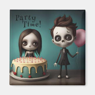 Party time! skeleton friends with birthday cake magnet