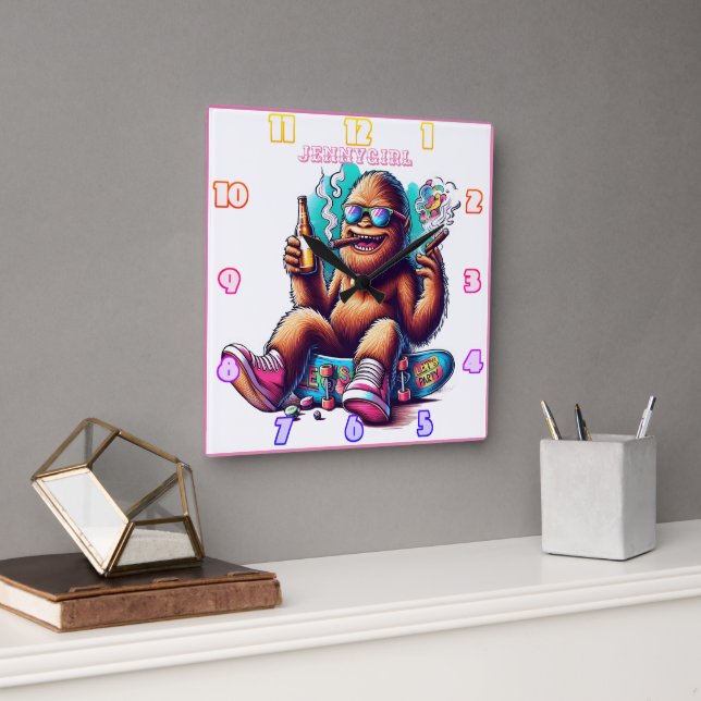 Party time with a chill Sasquatch on skateboards Square Wall Clock (Office)