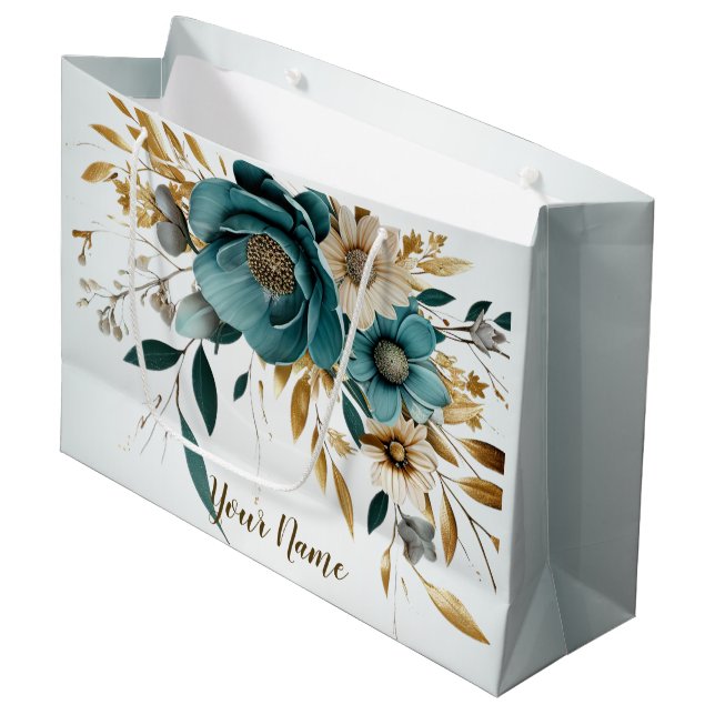 Party Turquoise White Flower Golden Leaves Elegant Large Gift Bag (Front Angled)