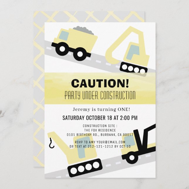 Party Under Construction White 1st Birthday Invitation (Front/Back)
