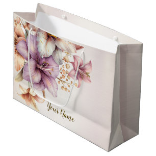 Party Watercolor Boho Pink Flowers Elegant Stylish Large Gift Bag