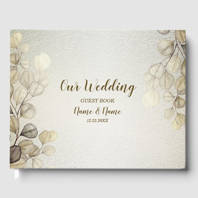 Party Watercolor Golden Eucalyptus Foliage Shiny Guest Book (Front)
