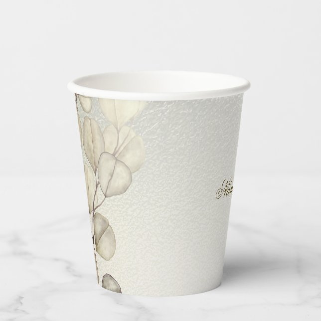 Party Watercolor Golden Eucalyptus Foliage Shiny Paper Cups (Front)