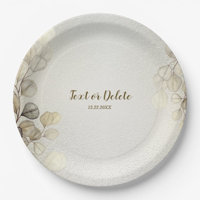 Party Watercolor Golden Eucalyptus Foliage Shiny Paper Plate (Front)