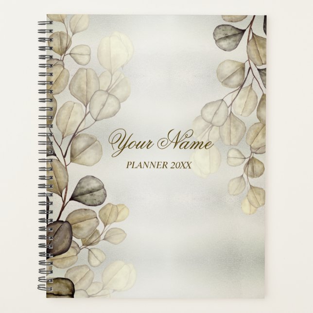Party Watercolor Golden Eucalyptus Foliage Shiny Planner (Front)