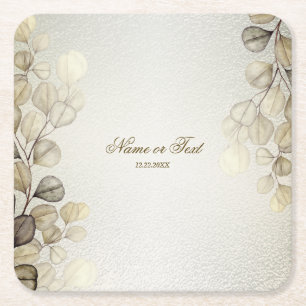 Party Watercolor Golden Eucalyptus Foliage Shiny Square Paper Coaster