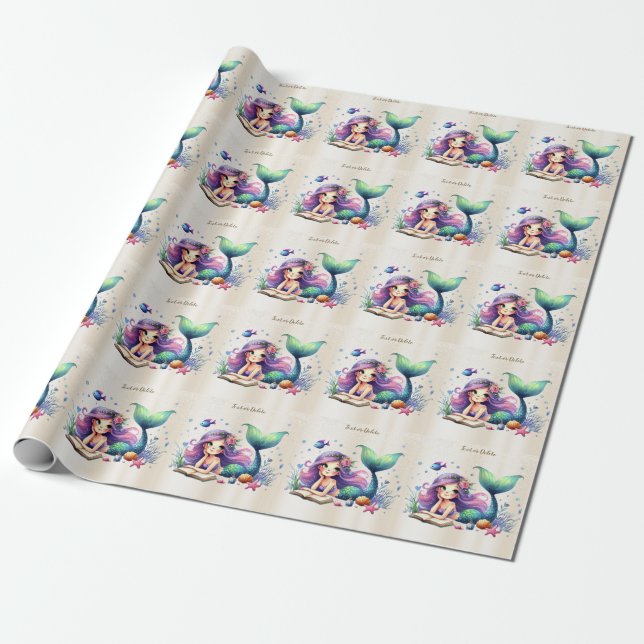 Party Watercolor Mermaid Sea Life Cute Beautiful Wrapping Paper (Unrolled)