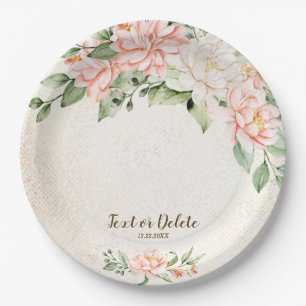 Party Watercolor Peach White Flowers Elegant Paper Plate