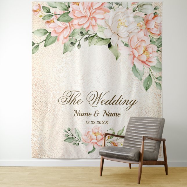 Party Watercolor Peach White Flowers Elegant Tapestry (In Situ)
