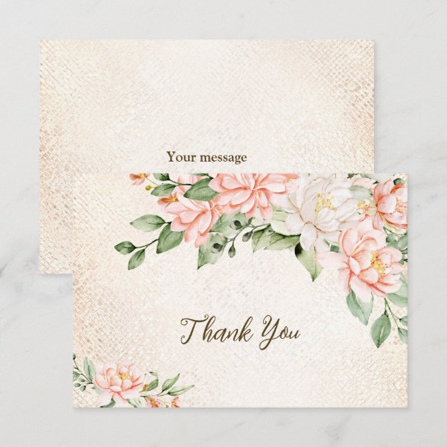 Party Watercolor Peach White Flowers Elegant Thank You Card (Front/Back)