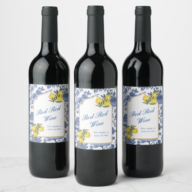 Party Wine Time- Lemon Chic-tique Chinoiserie  Wine Label (Bottles)