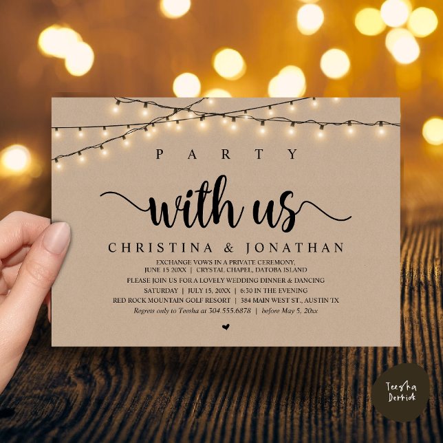 Party with us, Rustic Wedding Dinner Elopement Invitation (Party with us, Rustic Wedding Dinner Elopement Invitation Card, PDF, String Lights Brown Kraft)