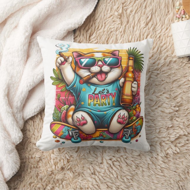 Partying cat on a skateboard with a tropical vibe cushion (Blanket)