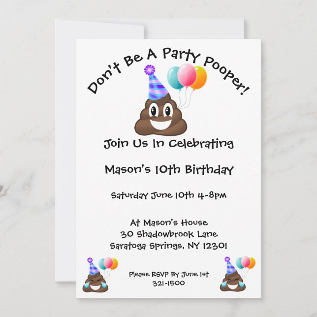 Partying Poop Emoji Birthday Party Invitation (Front)