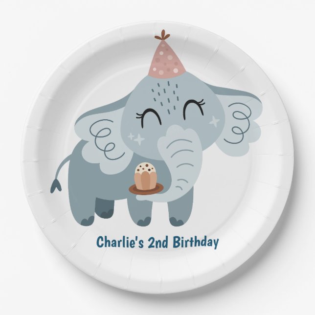 Pary animal, Elephant with gifts and party hat Paper Plate (Front)